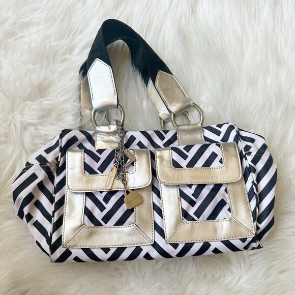 Vintage Y2K Lesportsac Leather Trim Metallic Striped Shoulder Bag Chevron Retro‎ - Picture 1 of 11